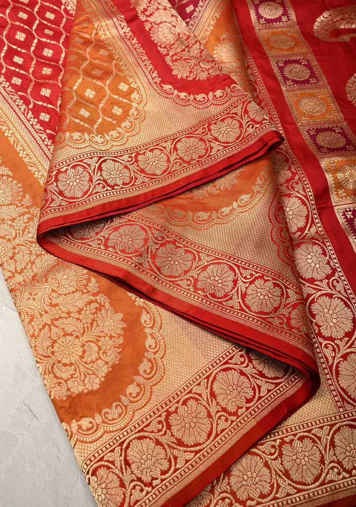 Vibrant Hued Jharoka Pattern Pure Katan Silk saree with Zari borders | SILK MARK CERTIFIED