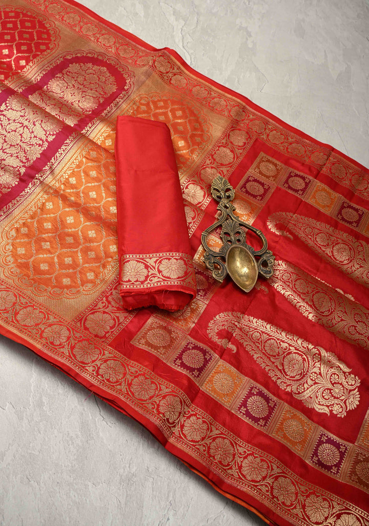 Vibrant Hued Jharoka Pattern Pure Katan Silk saree with Zari borders | SILK MARK CERTIFIED