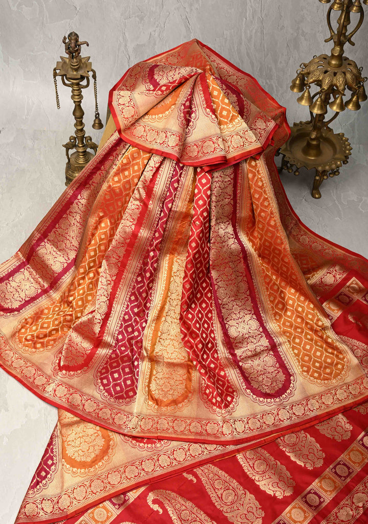 Vibrant Hued Jharoka Pattern Pure Katan Silk saree with Zari borders | SILK MARK CERTIFIED