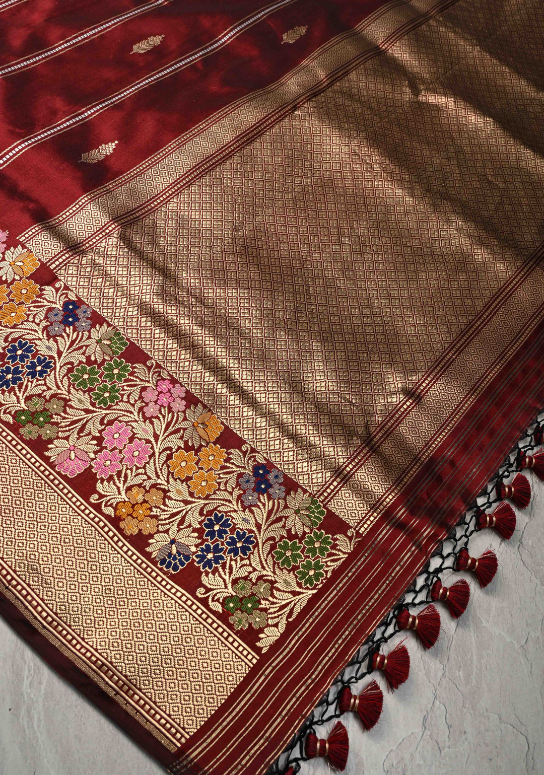 Brownish Red Banarasi Pure Katan Silk Saree with Zari Vertical Stripes and Meenakari Floral Border  | SILK MARK CERTIFIED
