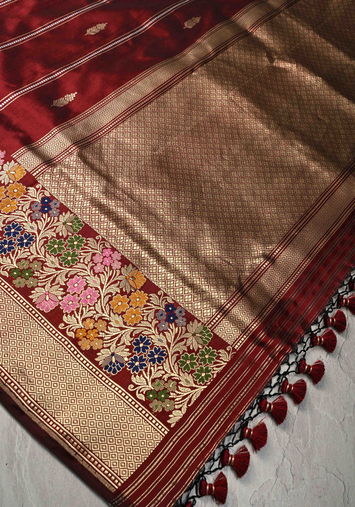 Brownish Red Banarasi Pure Katan Silk Saree with Zari Vertical Stripes and Meenakari Floral Border  | SILK MARK CERTIFIED