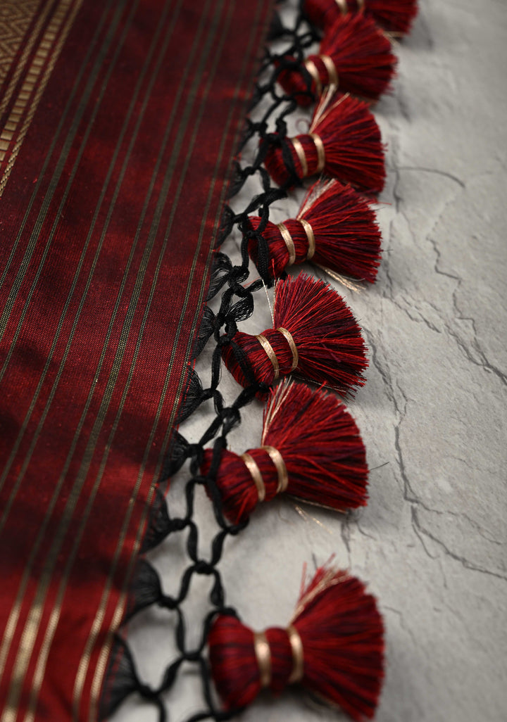 Brownish Red Banarasi Pure Katan Silk Saree with Zari Vertical Stripes and Meenakari Floral Border  | SILK MARK CERTIFIED