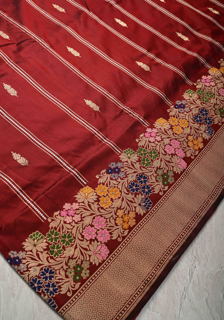 Brownish Red Banarasi Pure Katan Silk Saree with Zari Vertical Stripes and Meenakari Floral Border  | SILK MARK CERTIFIED