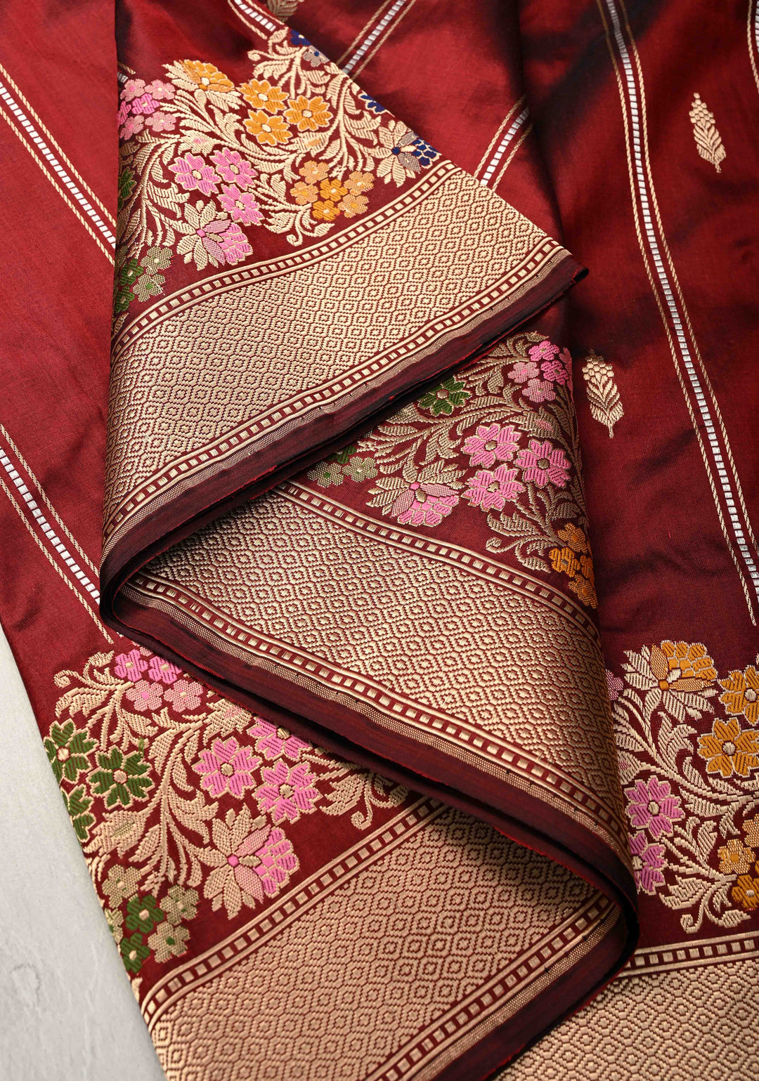Brownish Red Banarasi Pure Katan Silk Saree with Zari Vertical Stripes and Meenakari Floral Border  | SILK MARK CERTIFIED
