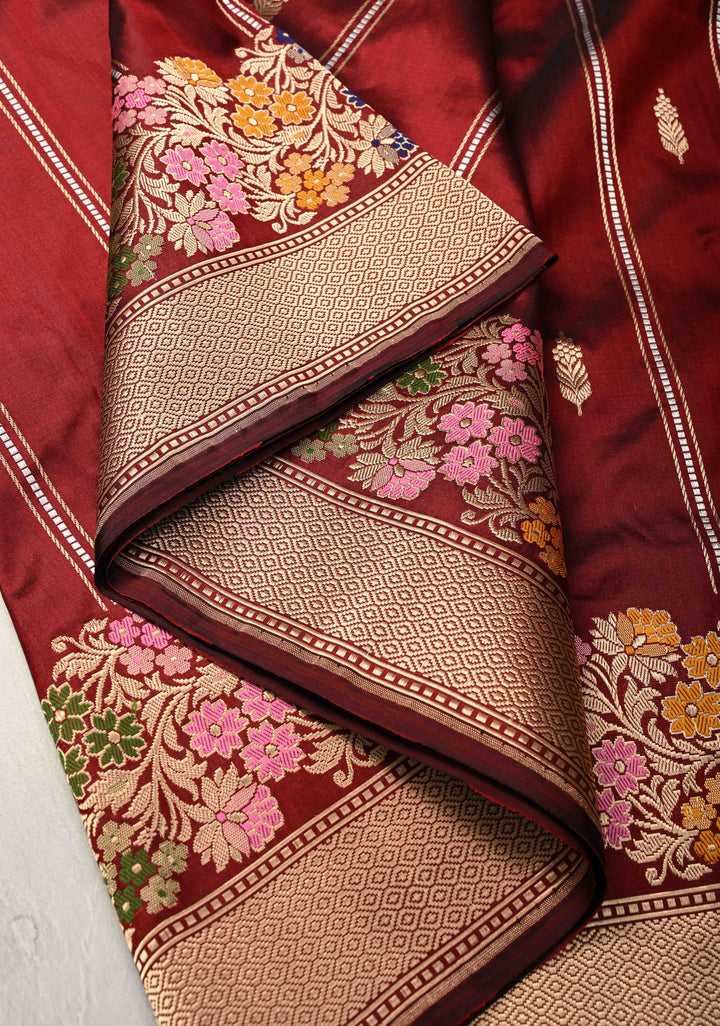 Brownish Red Banarasi Pure Katan Silk Saree with Zari Vertical Stripes and Meenakari Floral Border  | SILK MARK CERTIFIED