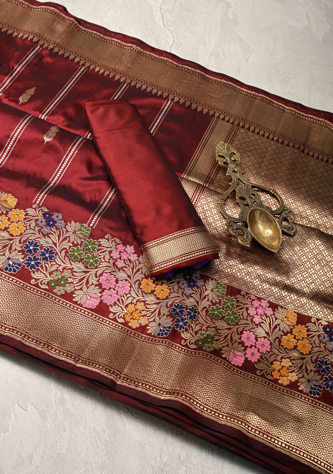 Brownish Red Banarasi Pure Katan Silk Saree with Zari Vertical Stripes and Meenakari Floral Border  | SILK MARK CERTIFIED