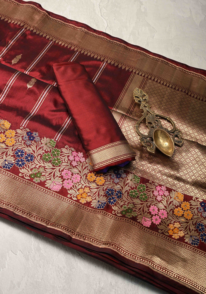 Brownish Red Banarasi Pure Katan Silk Saree with Zari Vertical Stripes and Meenakari Floral Border  | SILK MARK CERTIFIED