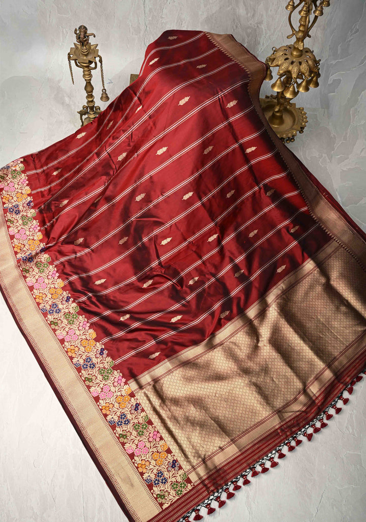 Brownish Red Banarasi Pure Katan Silk Saree with Zari Vertical Stripes and Meenakari Floral Border  | SILK MARK CERTIFIED