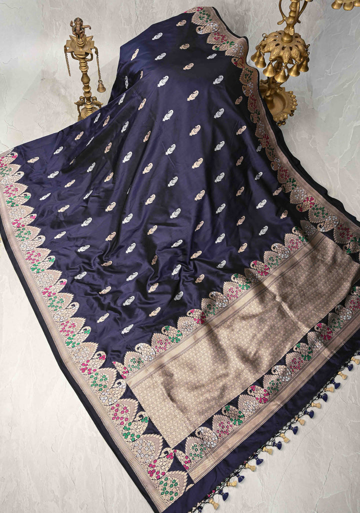 Midnight Blue Banarasi Katan Silk Saree with Sona Rupa Buttas and Meenakari Scallop Border | SILK MARK CERTIFIED