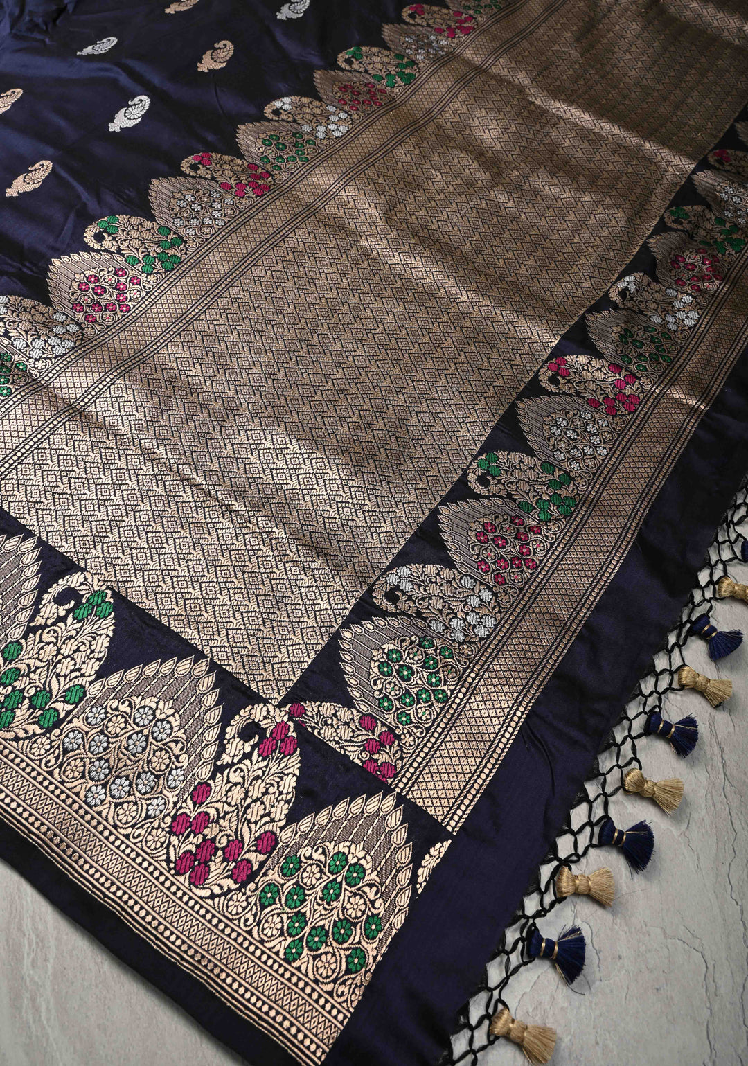 Midnight Blue Banarasi Katan Silk Saree with Sona Rupa Buttas and Meenakari Scallop Border | SILK MARK CERTIFIED