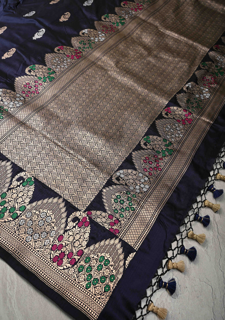 Midnight Blue Banarasi Katan Silk Saree with Sona Rupa Buttas and Meenakari Scallop Border | SILK MARK CERTIFIED