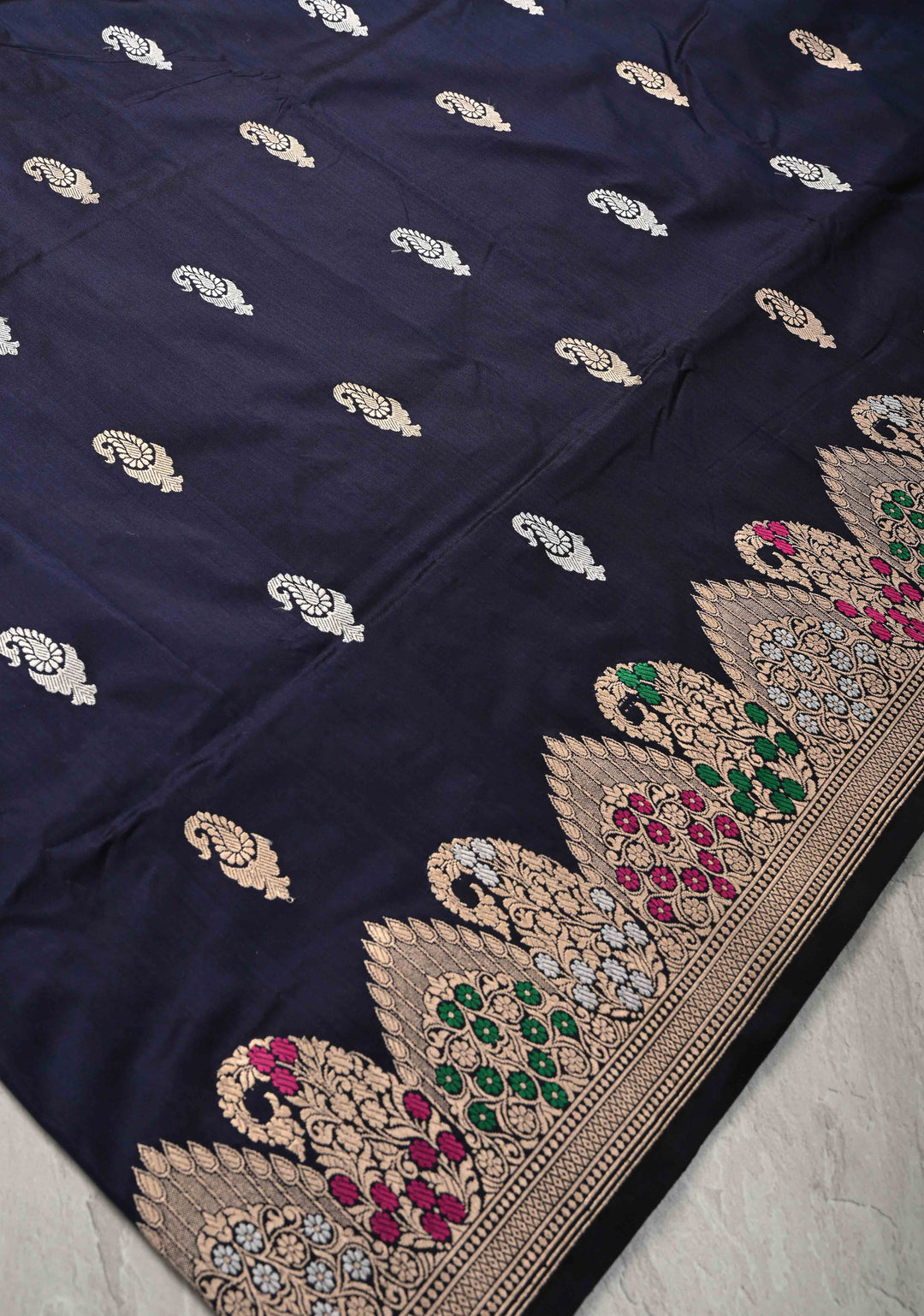 Midnight Blue Banarasi Katan Silk Saree with Sona Rupa Buttas and Meenakari Scallop Border | SILK MARK CERTIFIED