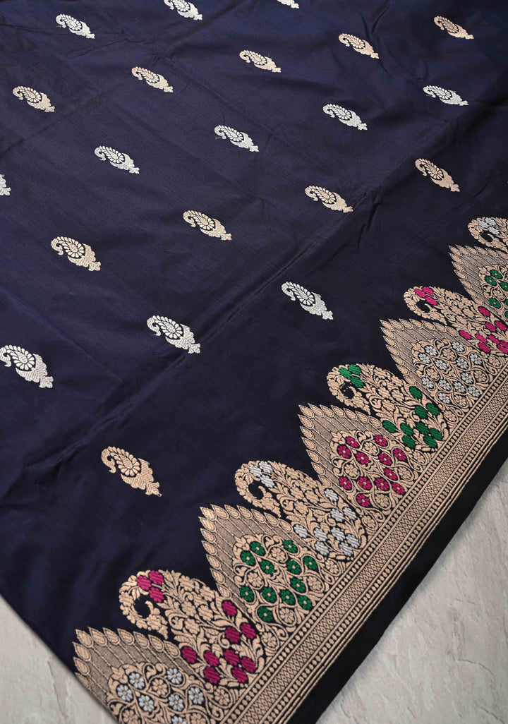 Midnight Blue Banarasi Katan Silk Saree with Sona Rupa Buttas and Meenakari Scallop Border | SILK MARK CERTIFIED