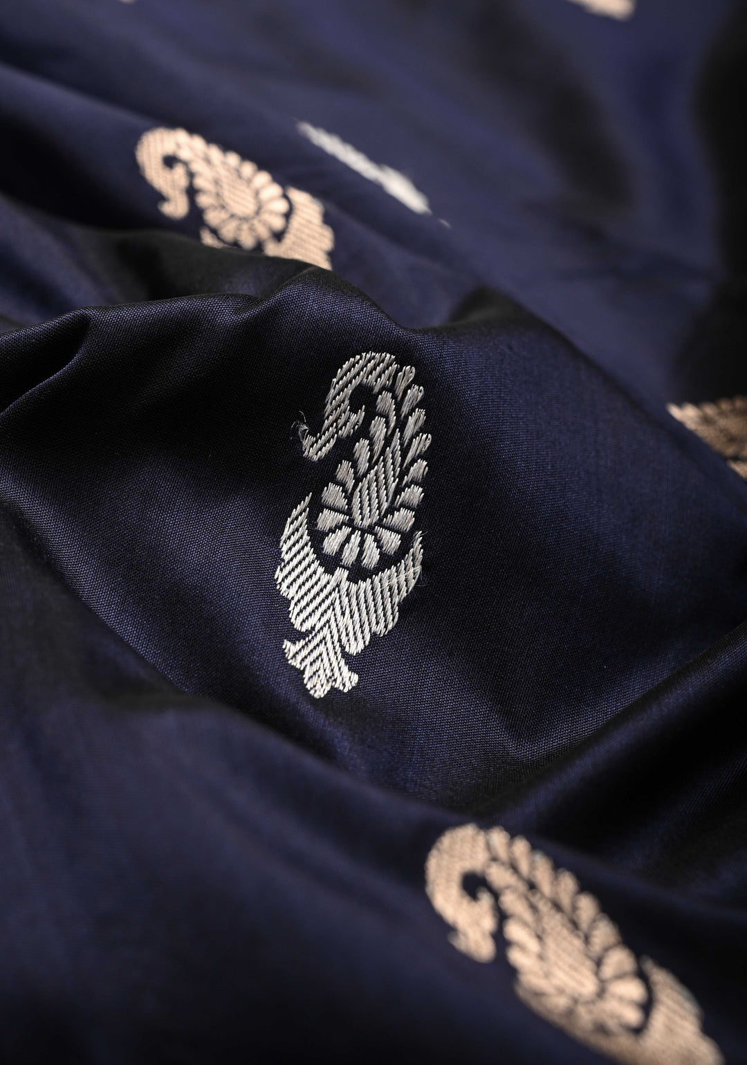 Midnight Blue Banarasi Katan Silk Saree with Sona Rupa Buttas and Meenakari Scallop Border | SILK MARK CERTIFIED