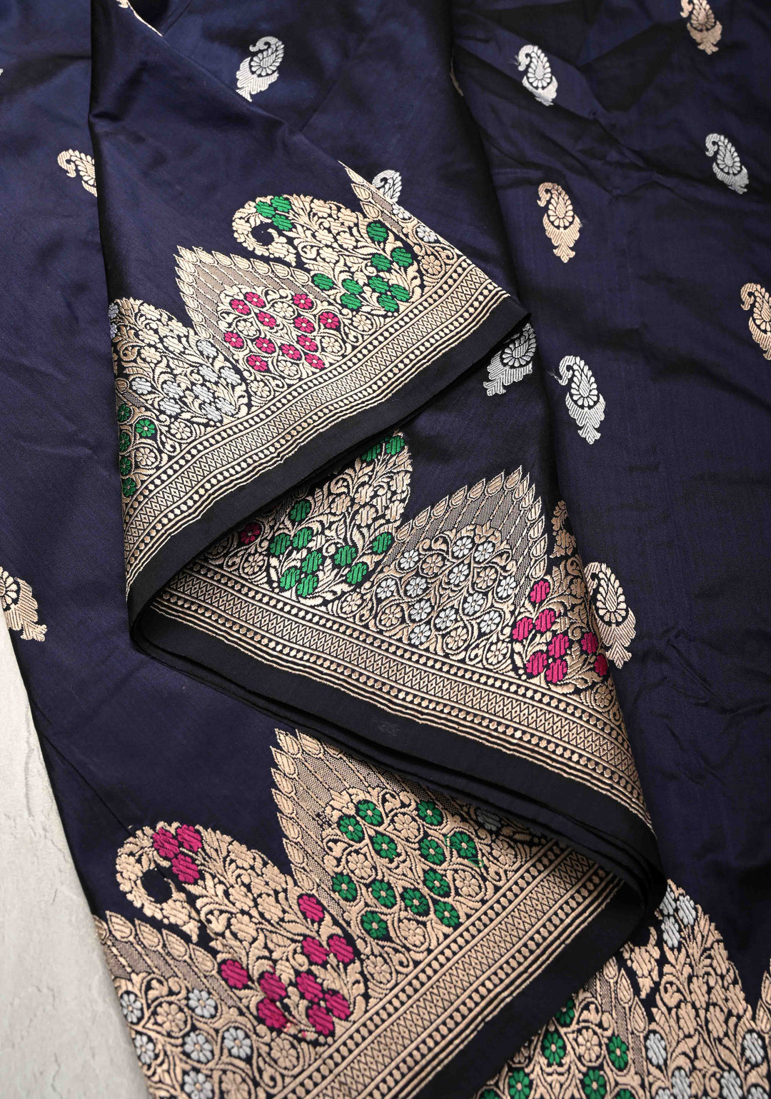 Midnight Blue Banarasi Katan Silk Saree with Sona Rupa Buttas and Meenakari Scallop Border | SILK MARK CERTIFIED