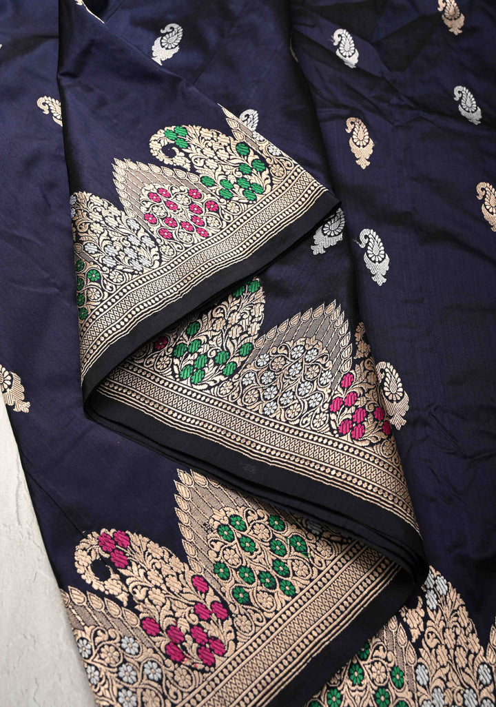 Midnight Blue Banarasi Katan Silk Saree with Sona Rupa Buttas and Meenakari Scallop Border | SILK MARK CERTIFIED