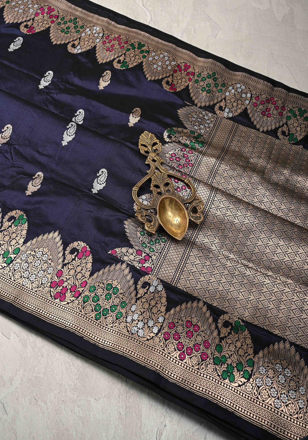 Midnight Blue Banarasi Katan Silk Saree with Sona Rupa Buttas and Meenakari Scallop Border | SILK MARK CERTIFIED