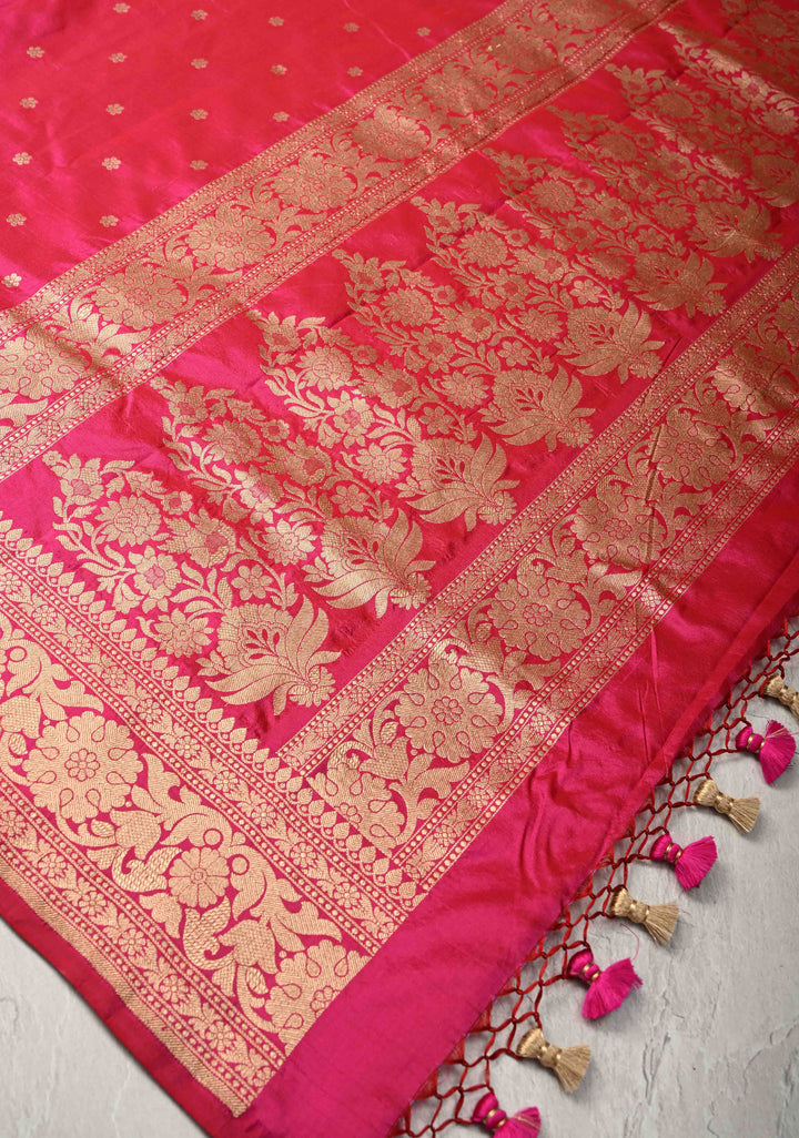 Banarasi Katan Silk Saree in Persian Rose with Chunri Buttis and Zari Border | SILK MARK CERTIFIED