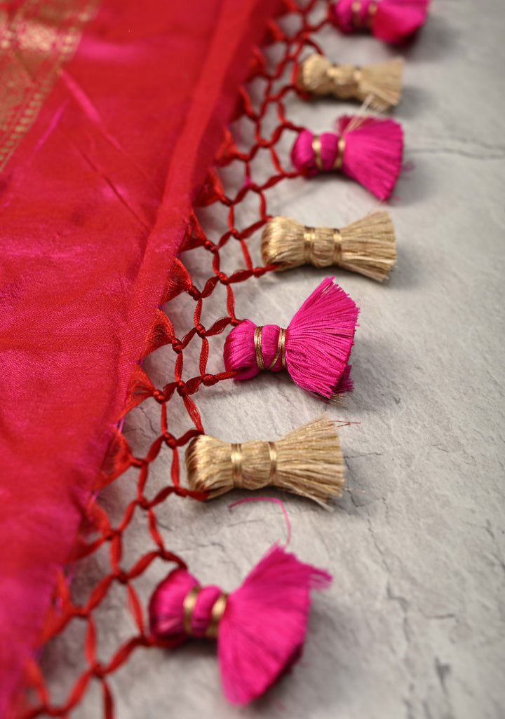 Banarasi Katan Silk Saree in Persian Rose with Chunri Buttis and Zari Border | SILK MARK CERTIFIED