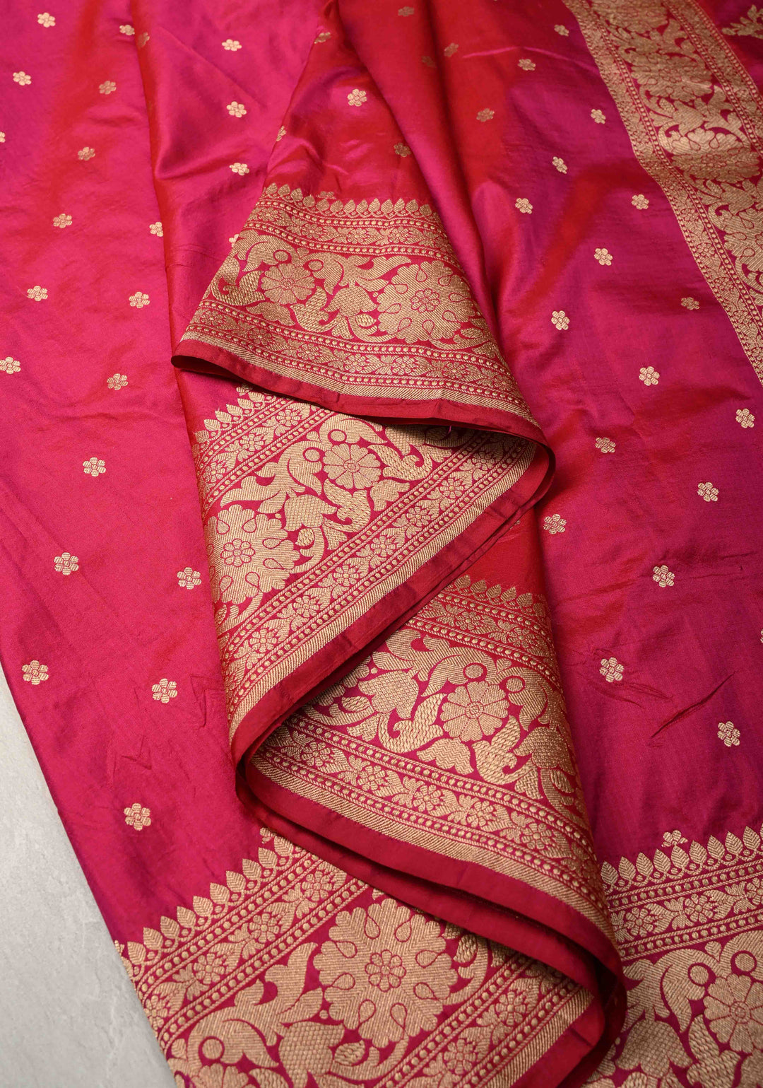 Banarasi Katan Silk Saree in Persian Rose with Chunri Buttis and Zari Border | SILK MARK CERTIFIED