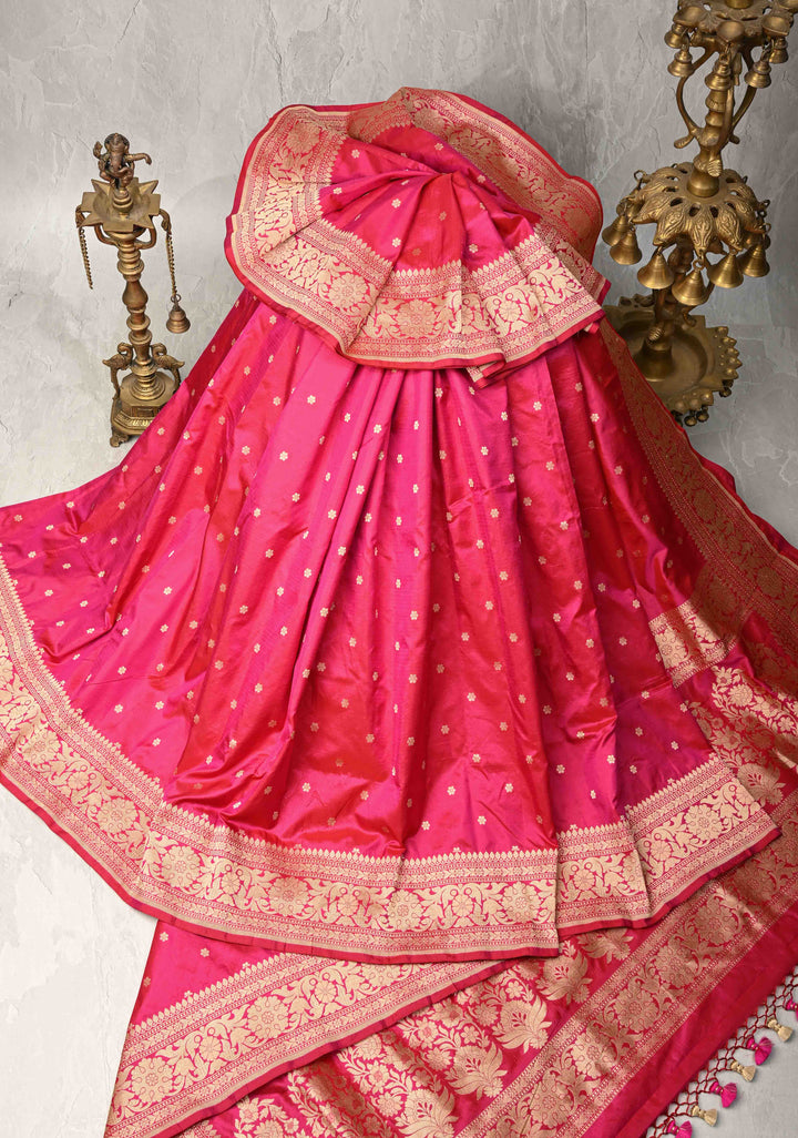 Banarasi Katan Silk Saree in Persian Rose with Chunri Buttis and Zari Border | SILK MARK CERTIFIED