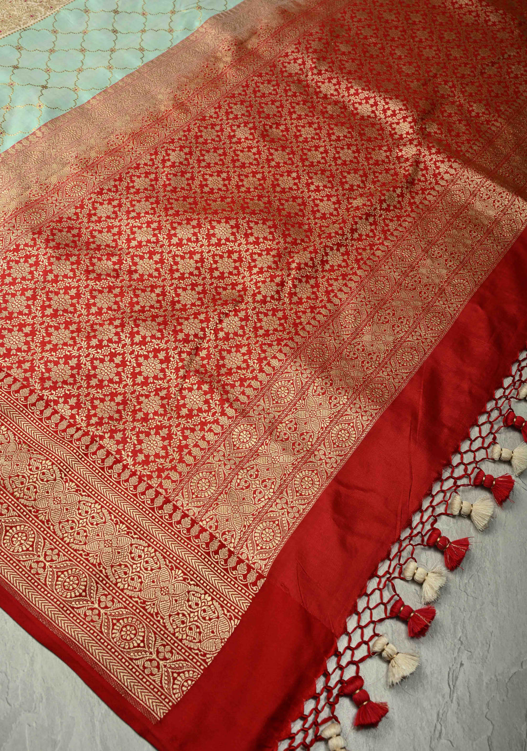 Multicolor Rangkaat Style jharoka Pattern Banarasi Katan Silk Saree with Red Zari Border | SILK MARK CERTIFIED | SHOBITAM