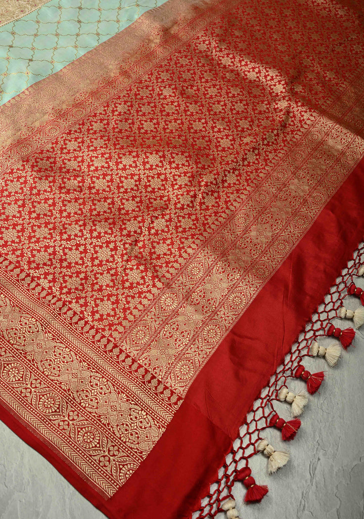 Multicolor Rangkaat Style jharoka Pattern Banarasi Katan Silk Saree with Red Zari Border | SILK MARK CERTIFIED | SHOBITAM