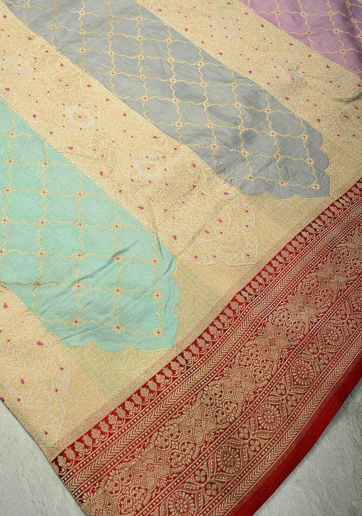 Multicolor Rangkaat Style jharoka Pattern Banarasi Katan Silk Saree with Red Zari Border | SILK MARK CERTIFIED | SHOBITAM