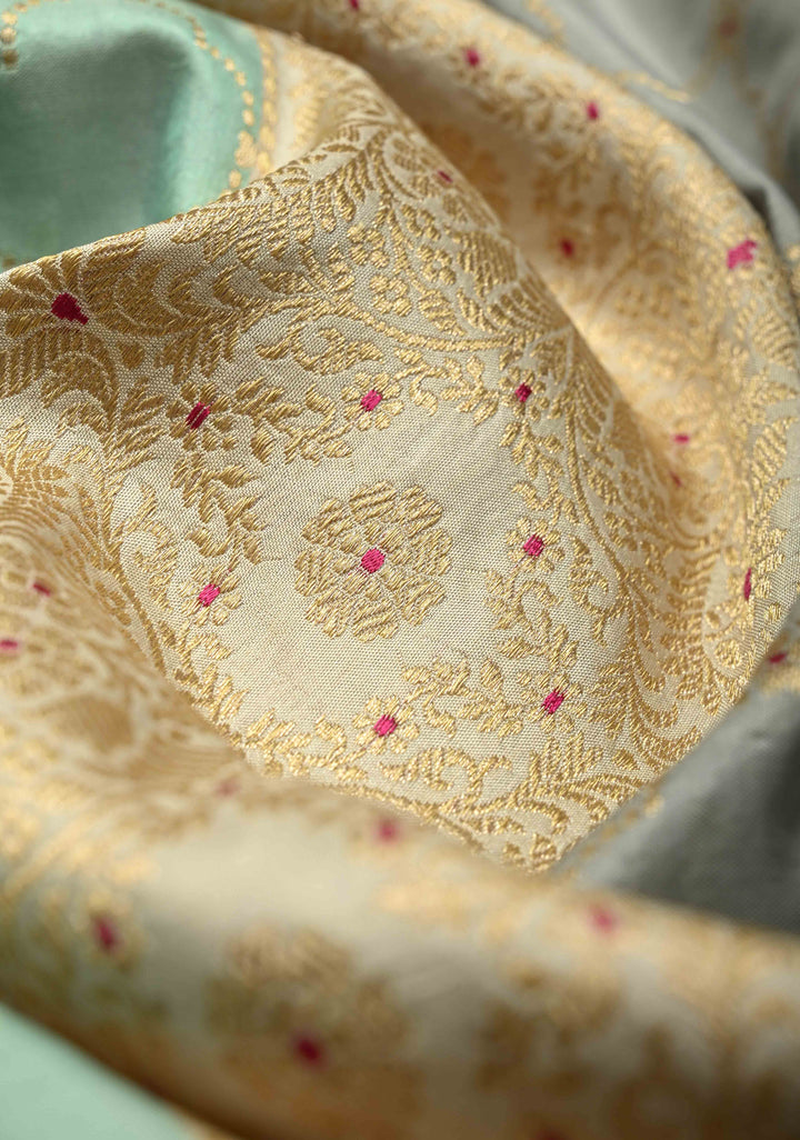 Multicolor Rangkaat Style jharoka Pattern Banarasi Katan Silk Saree with Red Zari Border | SILK MARK CERTIFIED | SHOBITAM