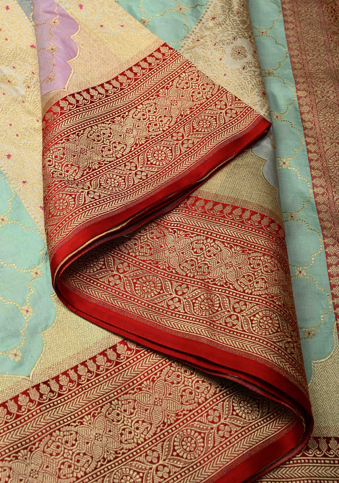 Multicolor Rangkaat Style jharoka Pattern Banarasi Katan Silk Saree with Red Zari Border | SILK MARK CERTIFIED | SHOBITAM