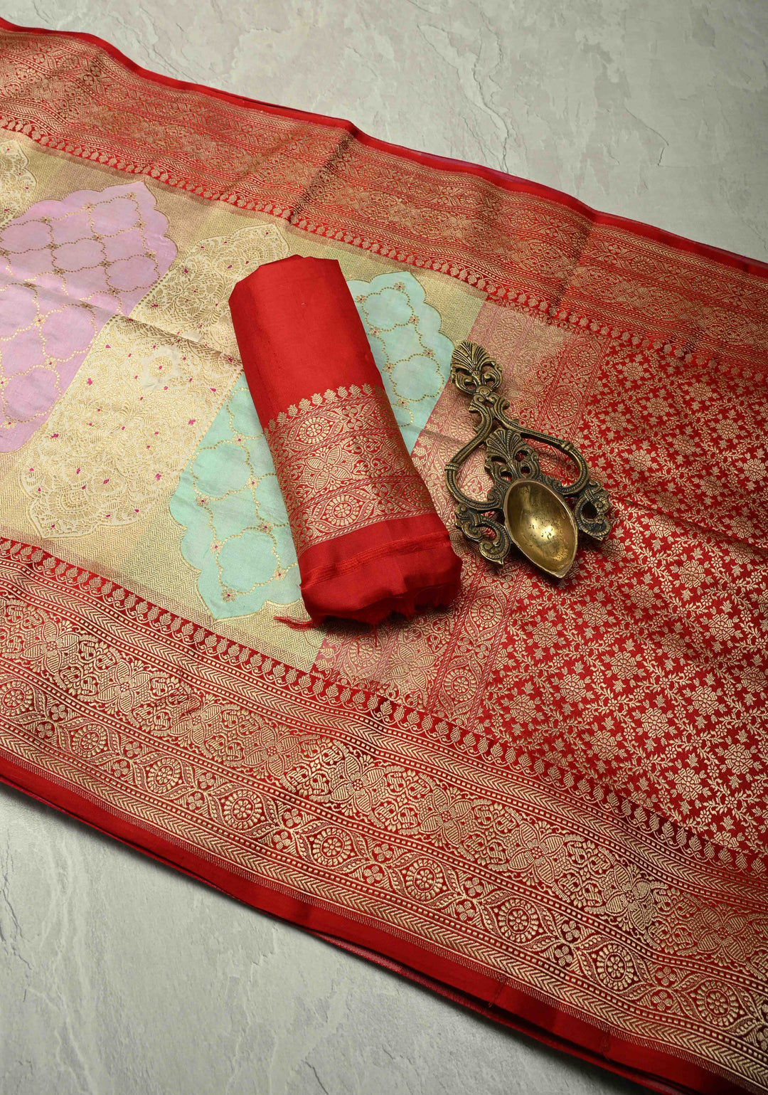 Multicolor Rangkaat Style jharoka Pattern Banarasi Katan Silk Saree with Red Zari Border | SILK MARK CERTIFIED | SHOBITAM