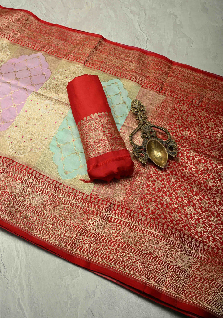 Multicolor Rangkaat Style jharoka Pattern Banarasi Katan Silk Saree with Red Zari Border | SILK MARK CERTIFIED | SHOBITAM