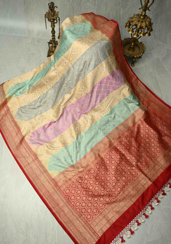 Multicolor Rangkaat Style jharoka Pattern Banarasi Katan Silk Saree with Red Zari Border | SILK MARK CERTIFIED | SHOBITAM