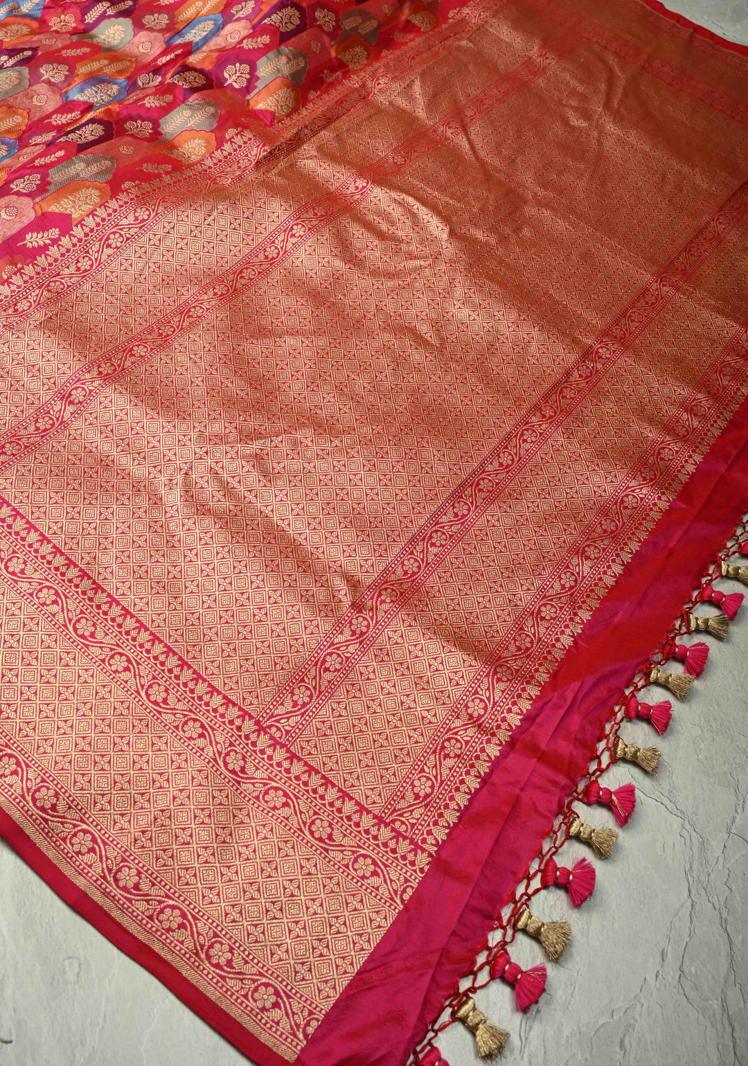 Multicolor Rangkaat Style Banarasi Katan Silk Saree and Geometric Brocade and Zari Border | SILK MARK CERTIFIED