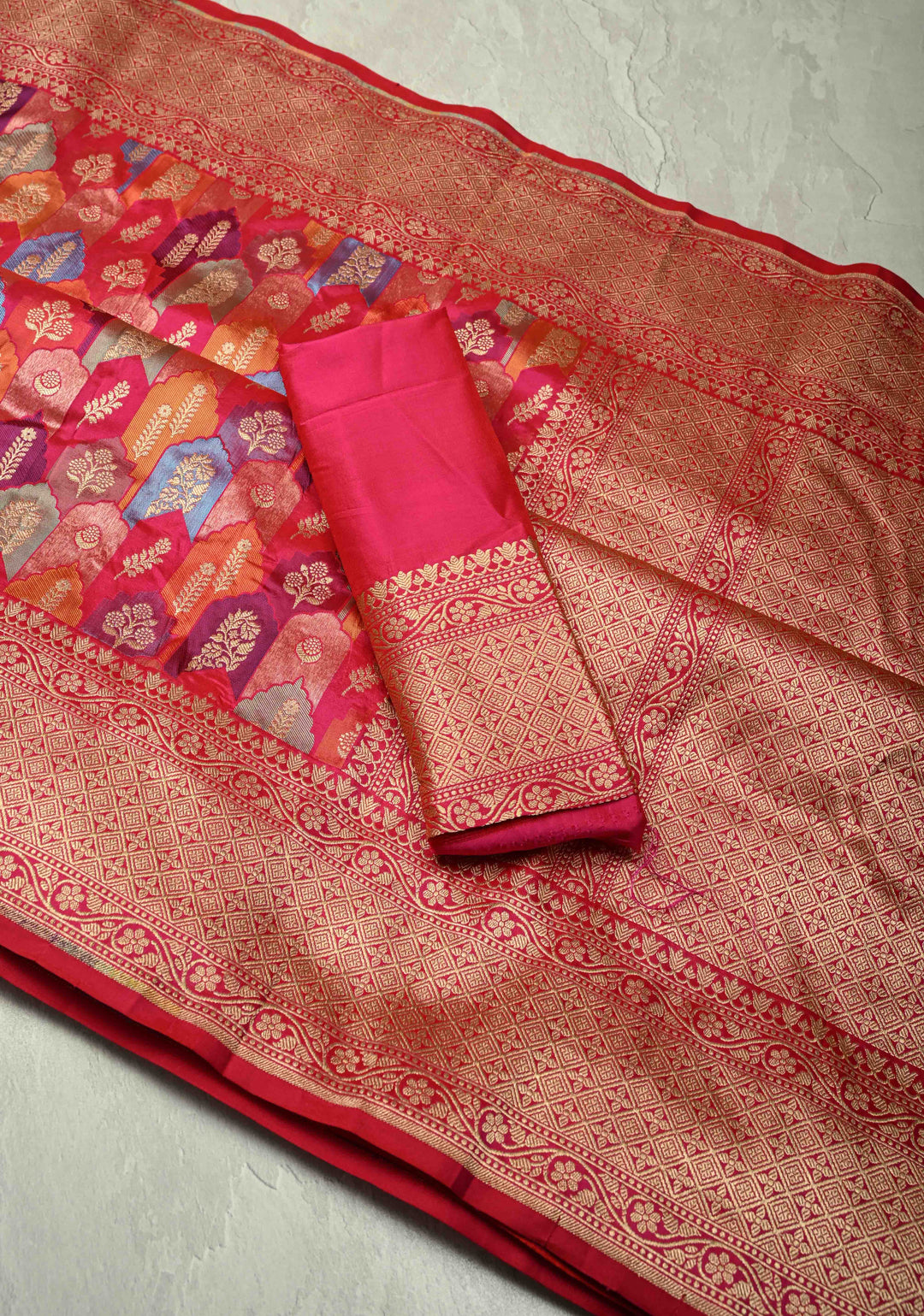 Multicolor Rangkaat Style Banarasi Katan Silk Saree and Geometric Brocade and Zari Border | SILK MARK CERTIFIED