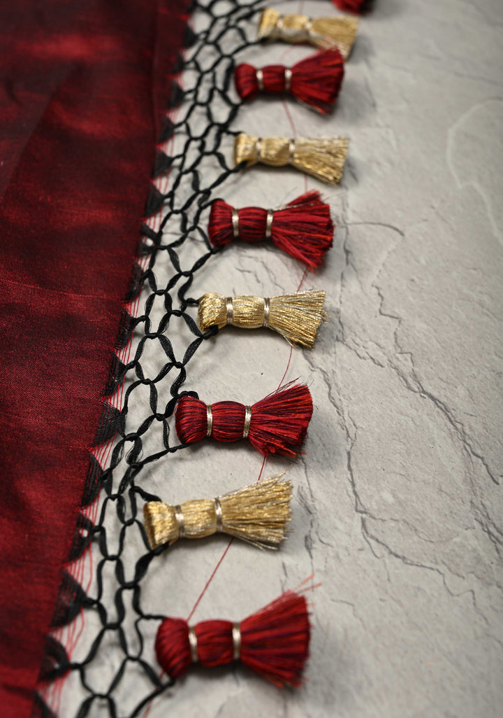 Deep Maroon Pure Banarasi Katan Silk Saree with Coin Buttas and Paithani Style Borders-Pallu | SILK MARK CERTIFIED