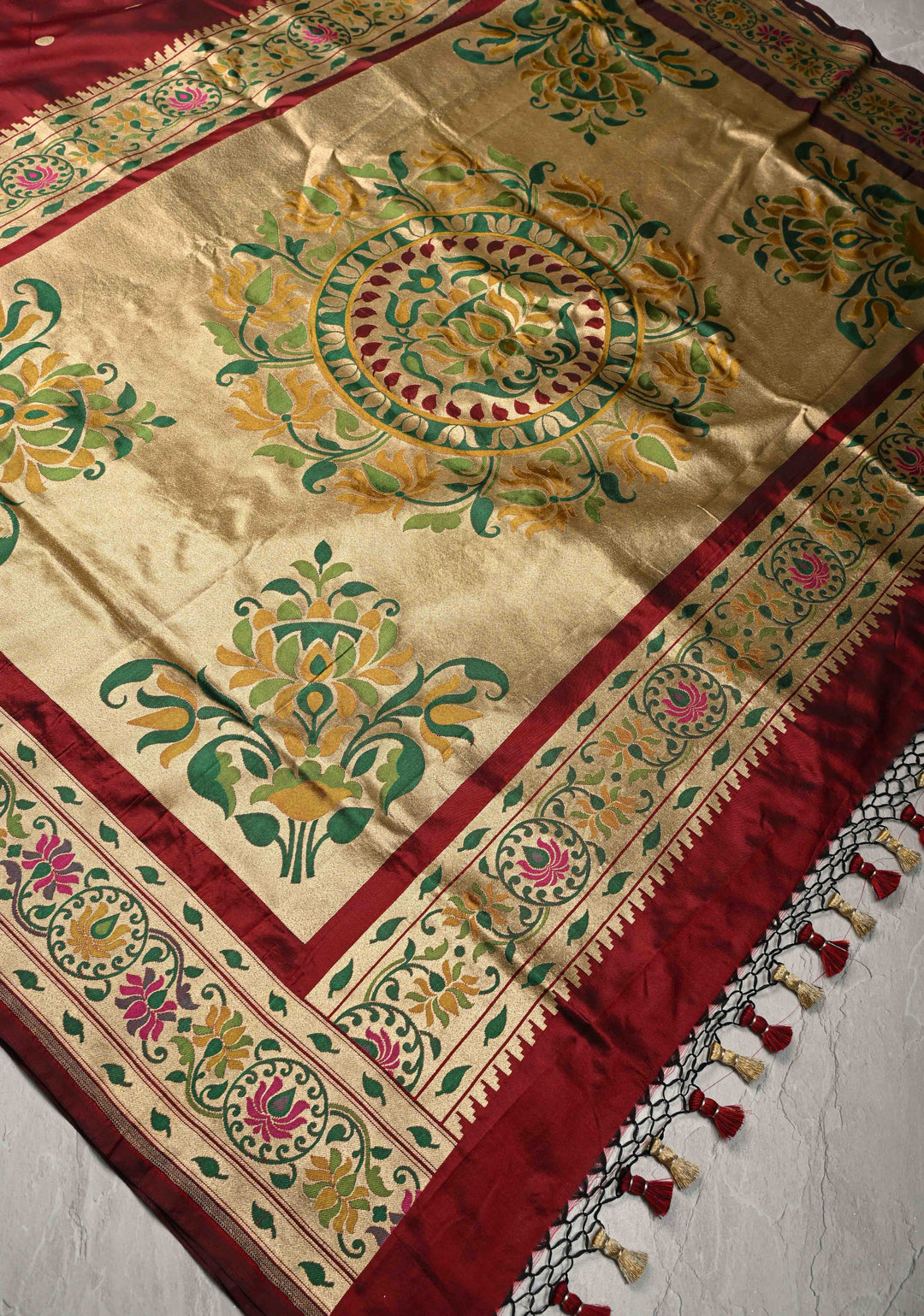 Deep Maroon Pure Banarasi Katan Silk Saree with Coin Buttas and Paithani Style Borders-Pallu | SILK MARK CERTIFIED