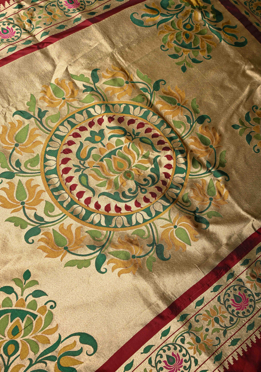 Deep Maroon Pure Banarasi Katan Silk Saree with Coin Buttas and Paithani Style Borders-Pallu | SILK MARK CERTIFIED