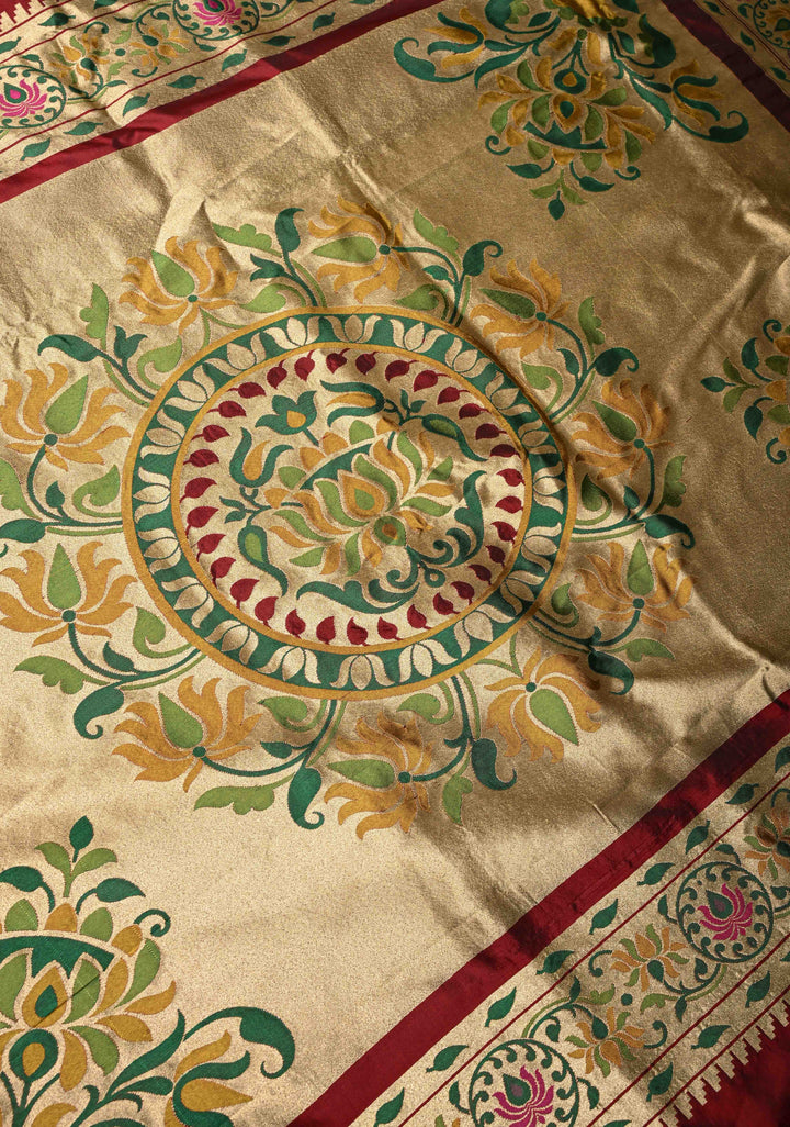 Deep Maroon Pure Banarasi Katan Silk Saree with Coin Buttas and Paithani Style Borders-Pallu | SILK MARK CERTIFIED