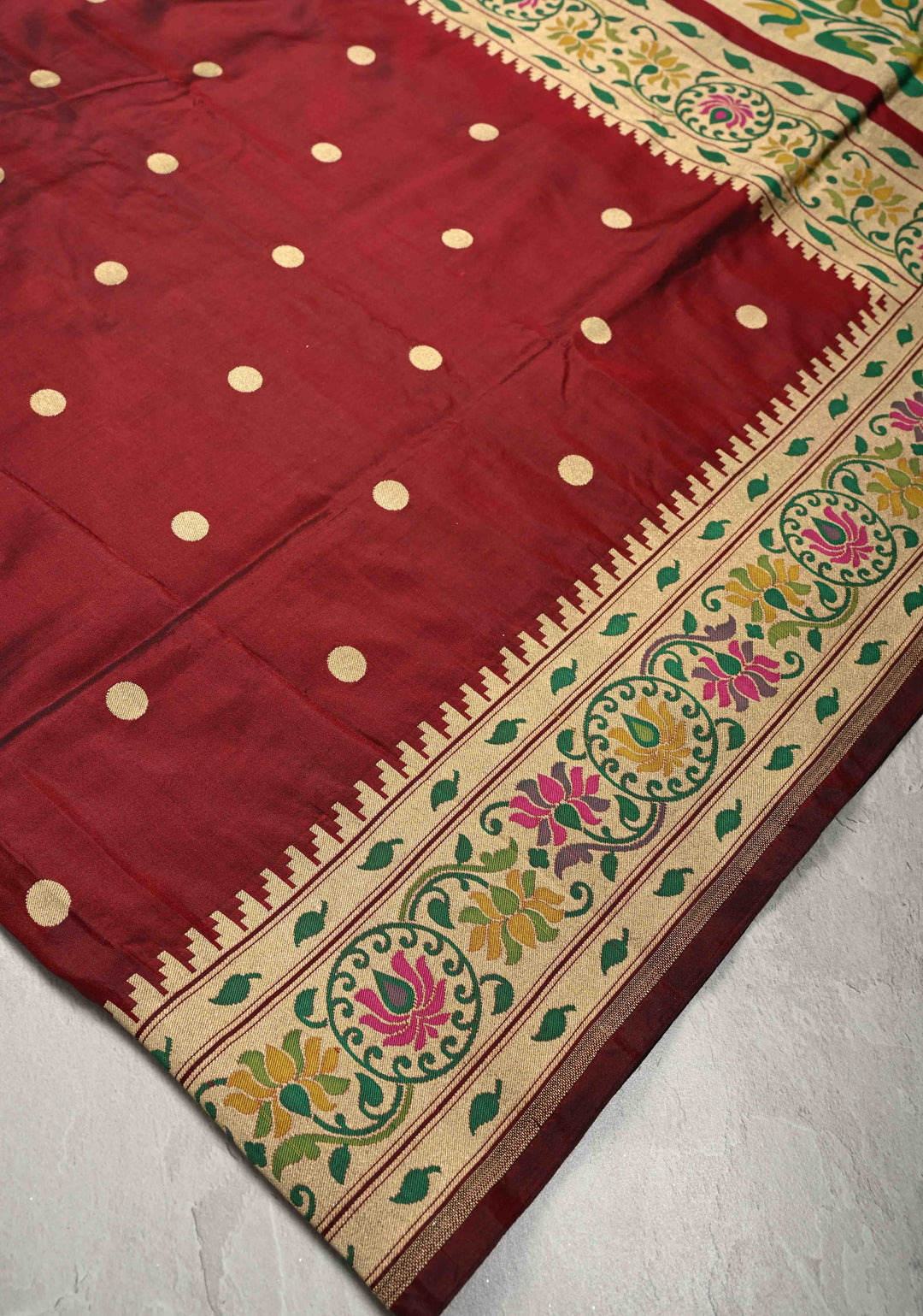 Deep Maroon Pure Banarasi Katan Silk Saree with Coin Buttas and Paithani Style Borders-Pallu | SILK MARK CERTIFIED