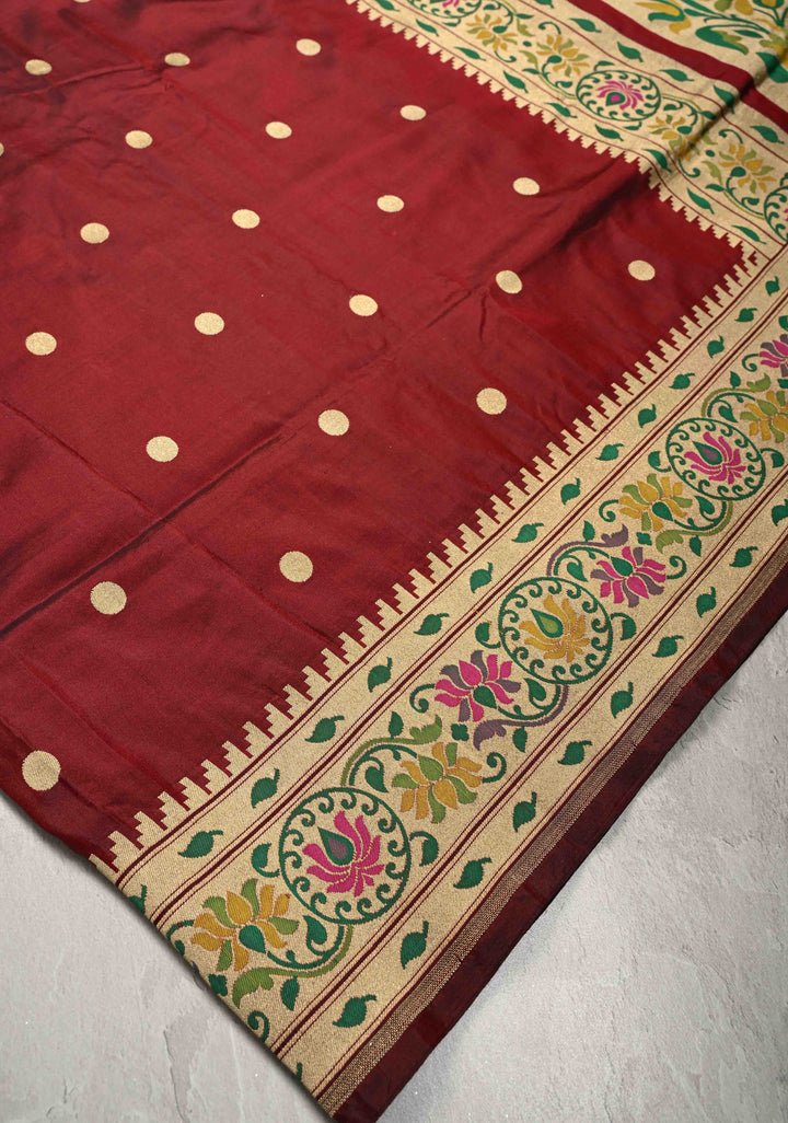 Deep Maroon Pure Banarasi Katan Silk Saree with Coin Buttas and Paithani Style Borders-Pallu | SILK MARK CERTIFIED
