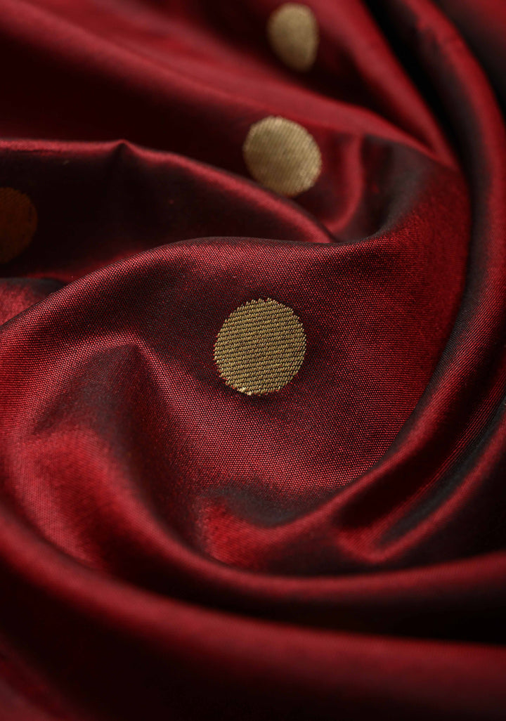 Deep Maroon Pure Banarasi Katan Silk Saree with Coin Buttas and Paithani Style Borders-Pallu | SILK MARK CERTIFIED