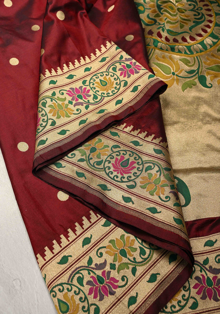 Deep Maroon Pure Banarasi Katan Silk Saree with Coin Buttas and Paithani Style Borders-Pallu | SILK MARK CERTIFIED