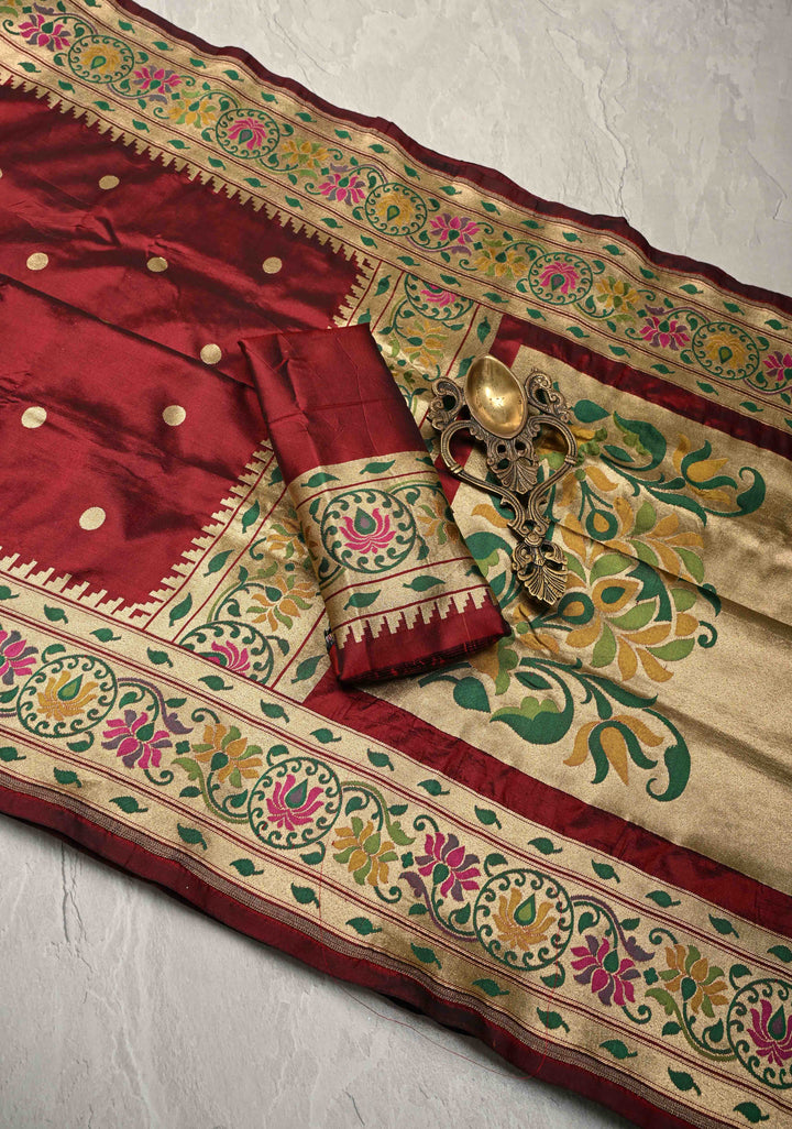 Deep Maroon Pure Banarasi Katan Silk Saree with Coin Buttas and Paithani Style Borders-Pallu | SILK MARK CERTIFIED