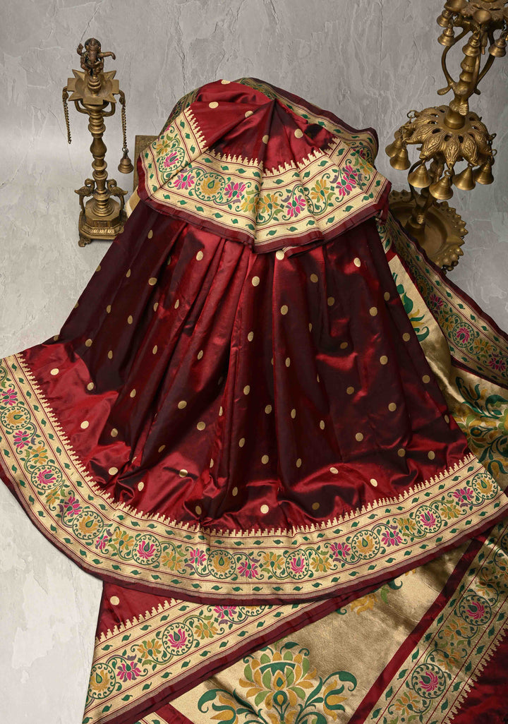 Deep Maroon Pure Banarasi Katan Silk Saree with Coin Buttas and Paithani Style Borders-Pallu | SILK MARK CERTIFIED