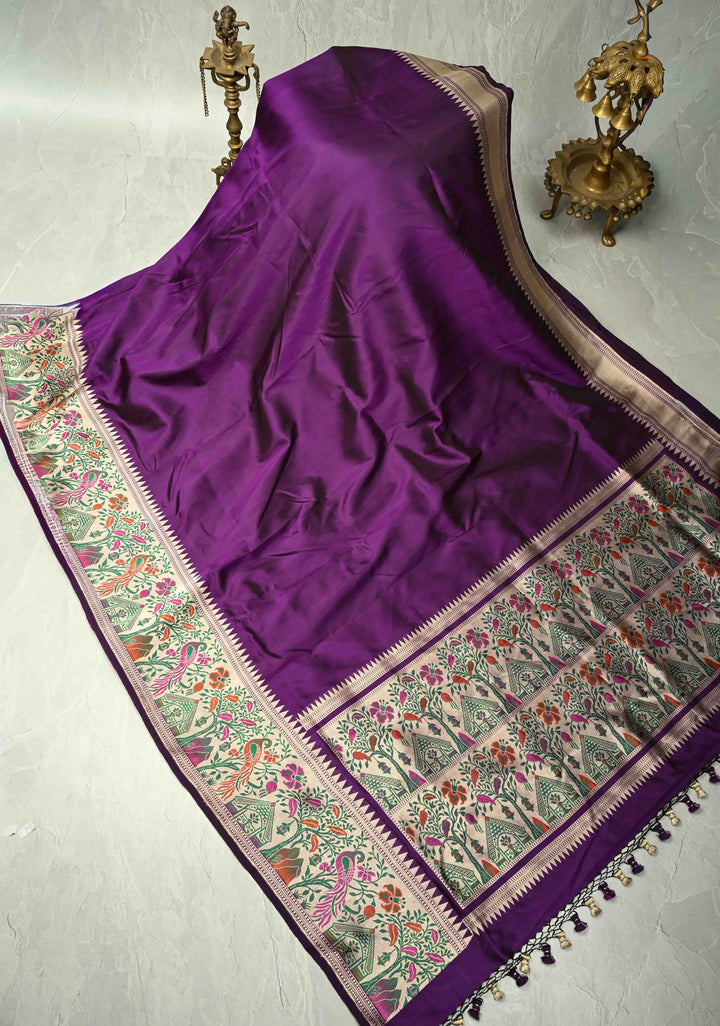 Jamuni Purple Pure Banarasi Katan Silk Saree with Paithani Style Borders and Pallu | SILK MARK CERTIFIED