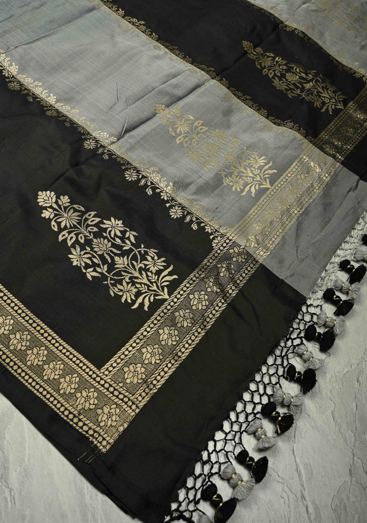 Black-Gray Banarasi Katan Silk Saree with Vine Zari Stripes and Zari Border | SILK MARK CERTIFIED