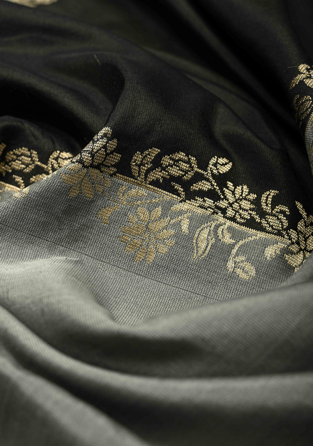 Black-Gray Banarasi Katan Silk Saree with Vine Zari Stripes and Zari Border | SILK MARK CERTIFIED