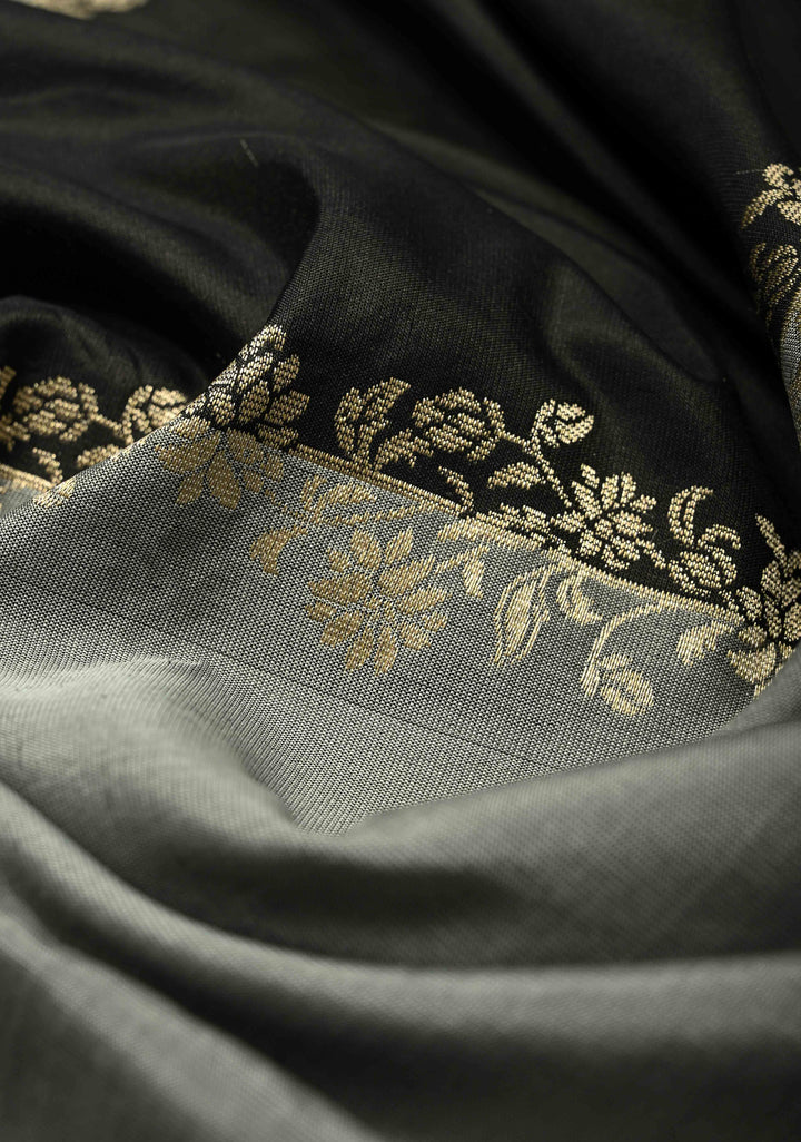 Black-Gray Banarasi Katan Silk Saree with Vine Zari Stripes and Zari Border | SILK MARK CERTIFIED