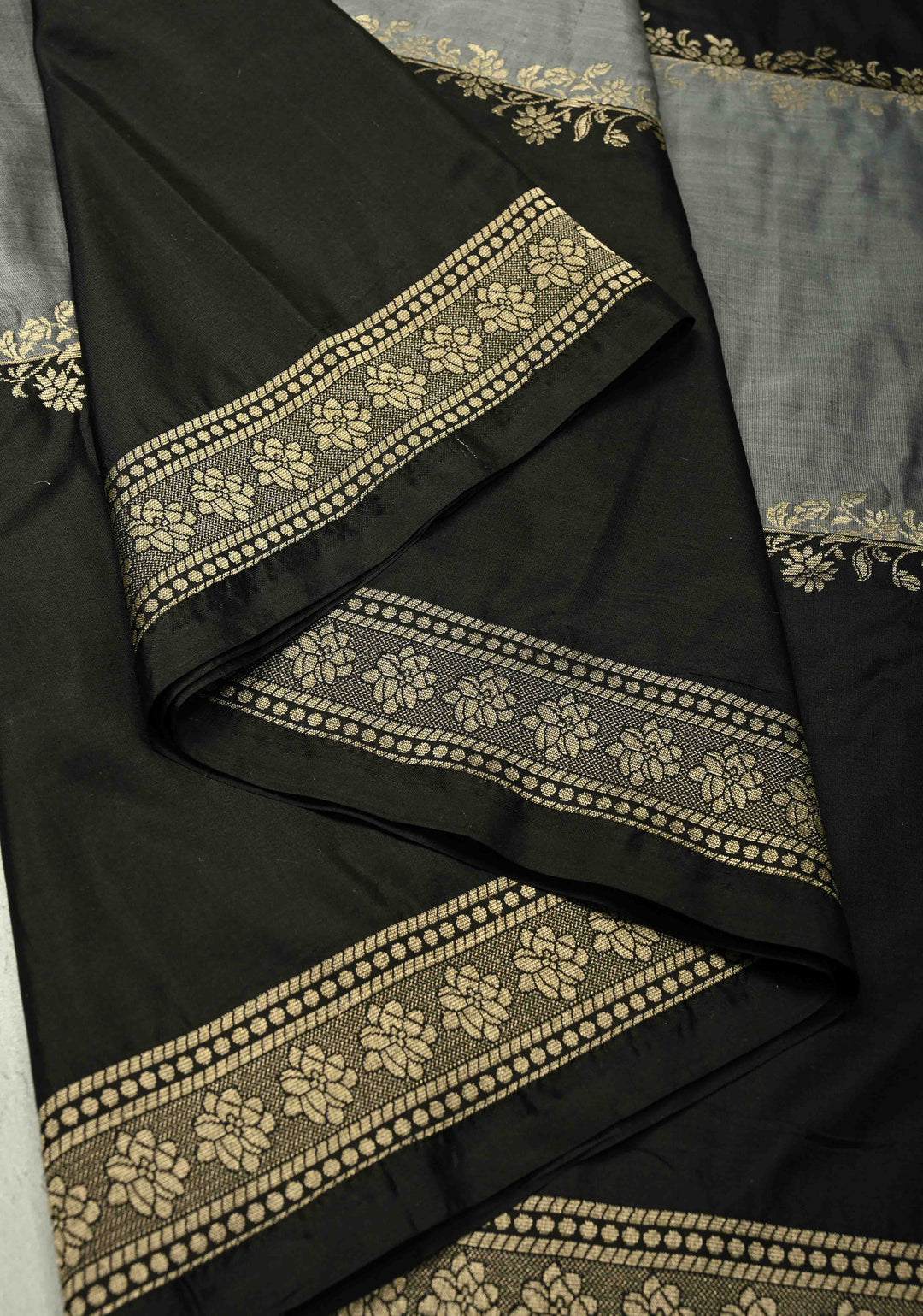 Black-Gray Banarasi Katan Silk Saree with Vine Zari Stripes and Zari Border | SILK MARK CERTIFIED